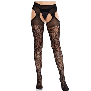 LEG AVENUE - FLORAL LACE STOCKINGS WITH GARTERS UNITED BLACK - D-243069 - Teknashop Ltd