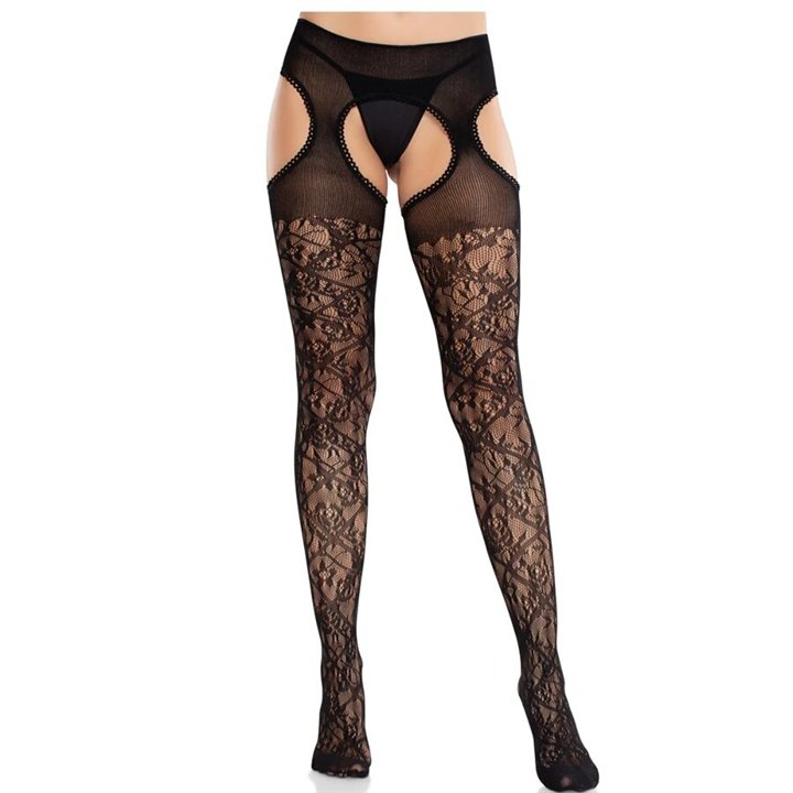 LEG AVENUE - FLORAL LACE STOCKINGS WITH GARTERS UNITED BLACK - D-243069 - Teknashop Ltd