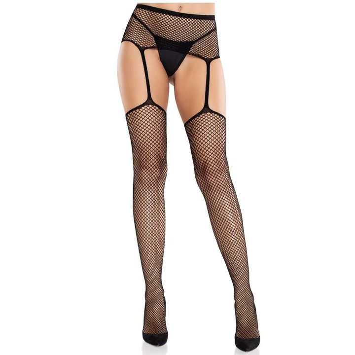 LEG AVENUE - LACE STOCKINGS WITH CROSS AND GARTER BELT BLACK - D-243070 - Teknashop Ltd