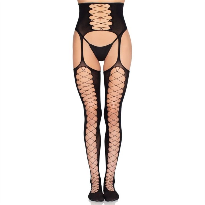 LEG AVENUE - 1968 STOCKINGS WITH ATTACHED GARTER BELT BLACK - ONE SIZE - D-245337 - Teknashop Ltd