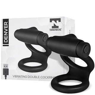 Denver Double Cockring with Vibrating Bullet USB Silicone Black - T-130 - Teknashop Ltd
