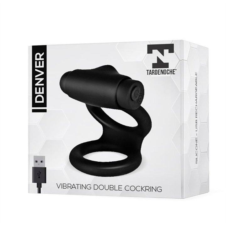 Denver Double Cockring with Vibrating Bullet USB Silicone Black - T-130 - Teknashop Ltd