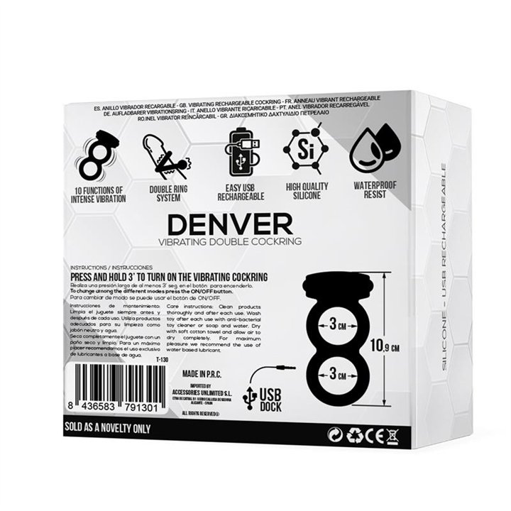 Denver Double Cockring with Vibrating Bullet USB Silicone Black - T-130 - Teknashop Ltd