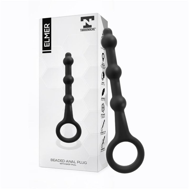 Elmer Beaded Butt Plug with Easy Pull Ring Silicone Black - T-135 - Teknashop Ltd