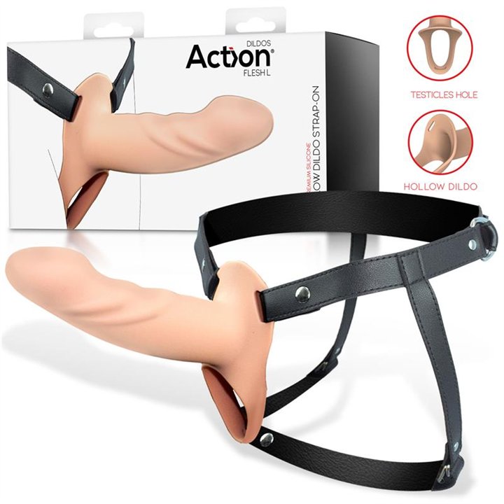 Strap-On with Hollow Dildo Premium Silicone Size L Flesh - AC-506 - Teknashop Ltd