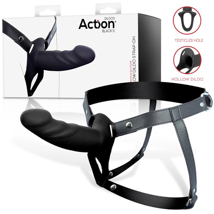 Strap-On with Hollow Dildo Premium Silicone Size S Black - AC-505 - Teknashop Ltd