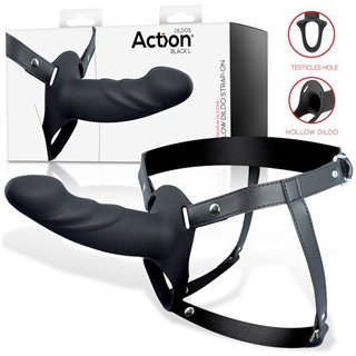 Strap-On with Hollow Dildo Premium Silicone Size L Black - AC-504 - Teknashop Ltd