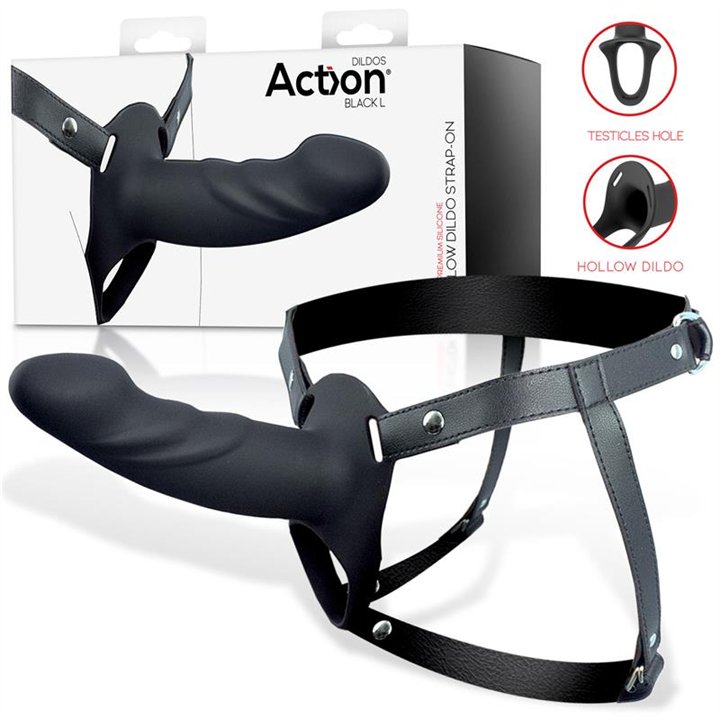 Strap-On with Hollow Dildo Premium Silicone Size L Black - AC-504 - Teknashop Ltd