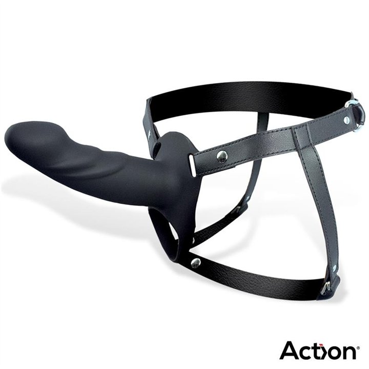 Strap-On with Hollow Dildo Premium Silicone Size L Black - AC-504 - Teknashop Ltd