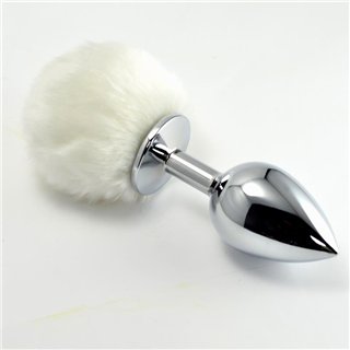 Metal Butt Plug with White Pompon Size L - LO-RO-L024L-W - Teknashop Ltd
