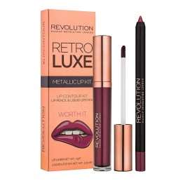 Set Makeup Revolution: Retro Luxe, Metallic, Liquid Lipstick, Worth It, 5.5 ml + Retro Luxe, Lip Liner, Worth It, 1 g - Teknasho