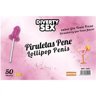 50 penis-shaped lollipops gin tonic-strawberry flavor 10% alcohol - 8412345054419 - Teknashop Ltd
