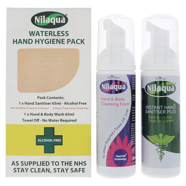 Set Nilaqua: Waterless, Cleansing, Hand Gel, 65 ml + Waterless, Cleansing, Foam, Hand & Body, 65 ml - Teknashop Ltd
