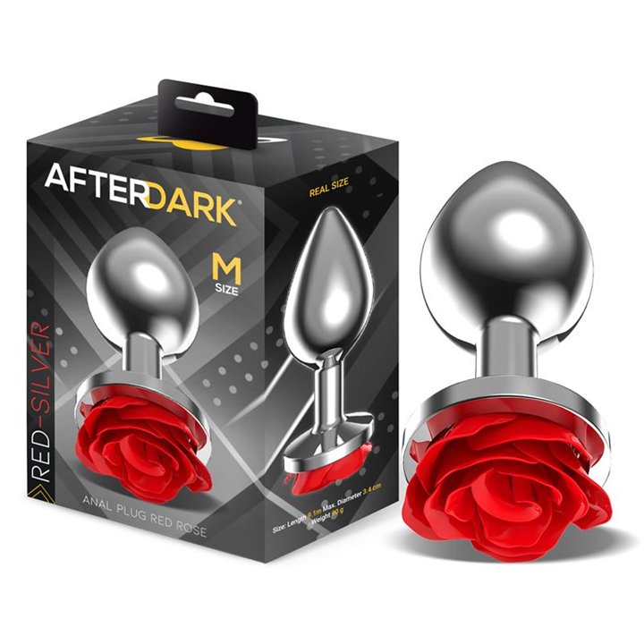 Metal Anal Plug with Red Rose Base - Size M - AD-565 - Teknashop Ltd