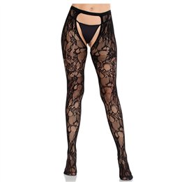LEG AVENUE - ROSE LACE STOCKINGS WITH OPEN BACK BLACK - D-243066 - Teknashop Ltd