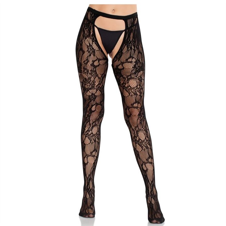 LEG AVENUE - ROSE LACE STOCKINGS WITH OPEN BACK BLACK - D-243066 - Teknashop Ltd
