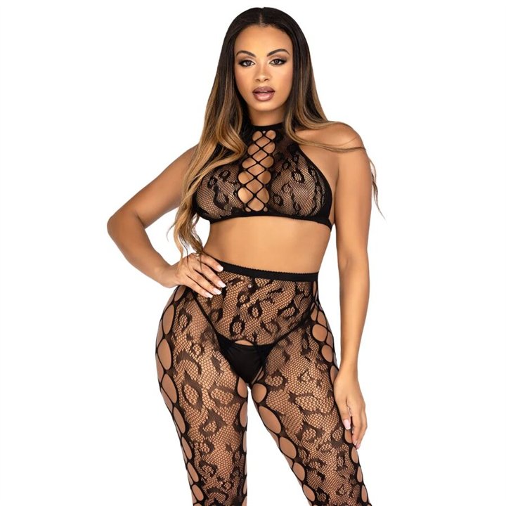 LEG AVENUE - 89372 CROP TOP & CROTCHLESS TIGHTS BLACK - ONE SIZE - D-245352 - Teknashop Ltd