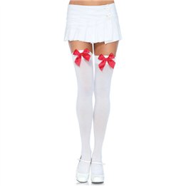 LEG AVENUE - NYLON THIGH HIGHS WITH BOW WHITE / RED - D-210560 - Teknashop Ltd