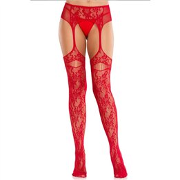 LEG AVENUE - LACE STOCKINGS WITH GARTERS RED - D-243068 - Teknashop Ltd