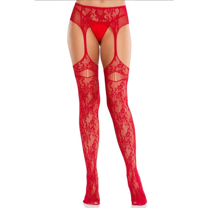 LEG AVENUE - LACE STOCKINGS WITH GARTERS RED - D-243068 - Teknashop Ltd
