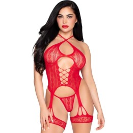 LEG AVENUE - 89338 LACE OPEN BODYSUIT WITH GARTER BELT + THONG RED - ONE SIZE - D-244729 - Teknashop Ltd