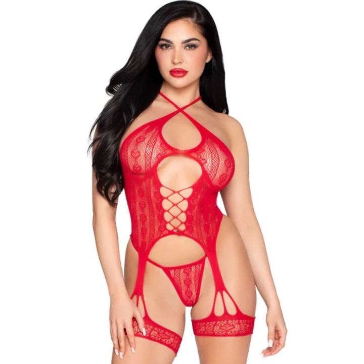 LEG AVENUE - 89338 LACE OPEN BODYSUIT WITH GARTER BELT + THONG RED - ONE SIZE - D-244729 - Teknashop Ltd