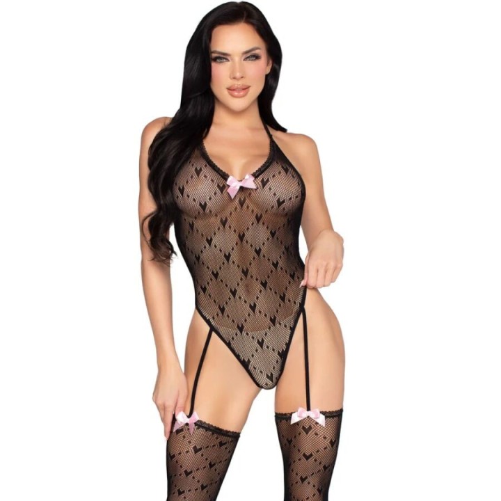 LEG AVENUE - 89360 OPEN BACK BODYSUIT WITH GARTER BELT BLACK- ONE SIZE - D-244732 - Teknashop Ltd