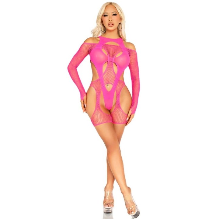 LEG AVENUE - FISHNET BODYSTOCKING WITH GARTER BELT AND HARNESS NEON PINK - D-243081 - Teknashop Ltd