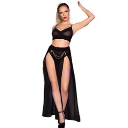CHILIROSE - CR 4672 BLACK TOP SKIRT AND THONG WITH GOLDEN CHAINS S - D-242765 - Teknashop Ltd