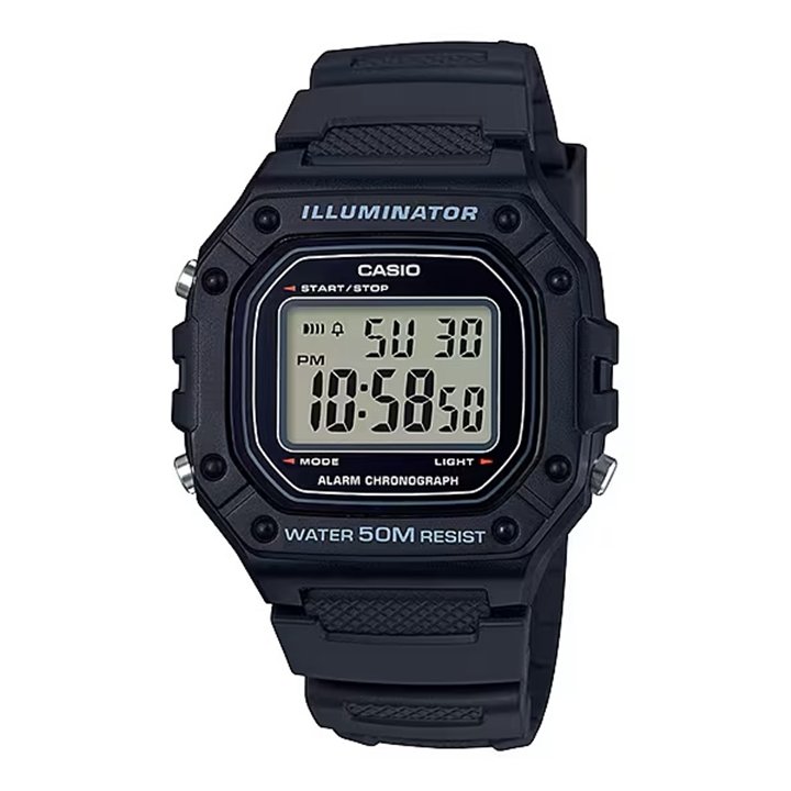 CASIO TIMELESS COLLECTION Mod. SPORT ILLUMINATOR WR 50M, ALARM, CHRONOGRAPH - BLACK - WW.W-218H-1AVDF - Teknashop Ltd