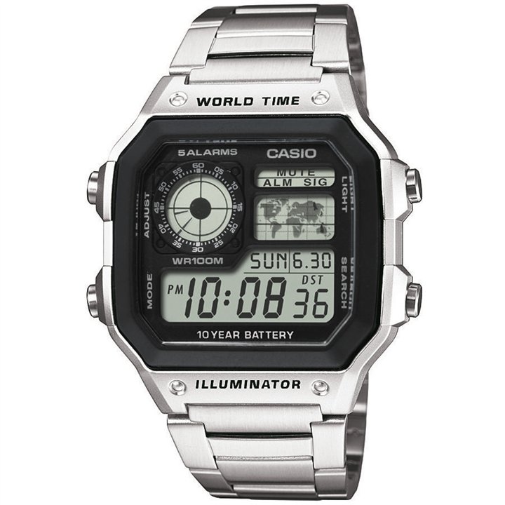 CASIO SPORT Mod. WORLD TIME ILLUMINATOR 5 ALARMS - FUTURE CLASSIC COLLECTION - BLACK STEEL - WW.AE-1200WHD-1AVEF - Teknashop Ltd