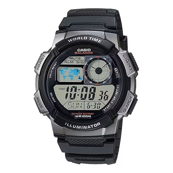 CASIO SPORT Mod. DIVER - WORLD TIME ILLUMINATOR 5 ALARMS, 10 YEARS BATTERY - BLACK - WW.AE-1000W-1BVDF - Teknashop Ltd