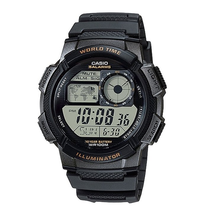 CASIO SPORT Mod. DIVER - WORLD TIME ILLUMINATOR 5 ALARMS, 10 YEARS BATTERY - BLACK - WW.AE-1000W-1AVDF - Teknashop Ltd