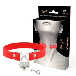 COQUETTE CHIC DESIRE - RED VEGAN LEATHER NECKLACE WITH HEART ACCESSORY WITH KEY - D-229296