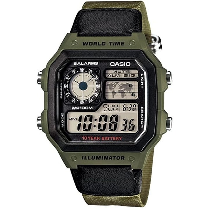 CASIO SPORT Mod. DIVER - WORLD TIME ILLUMINATOR 5 ALARMS - FUTURE CLASSIC COLLECTION - KAKHI GREEN - WW.AE-1200WHB-3BVDF - Tekna