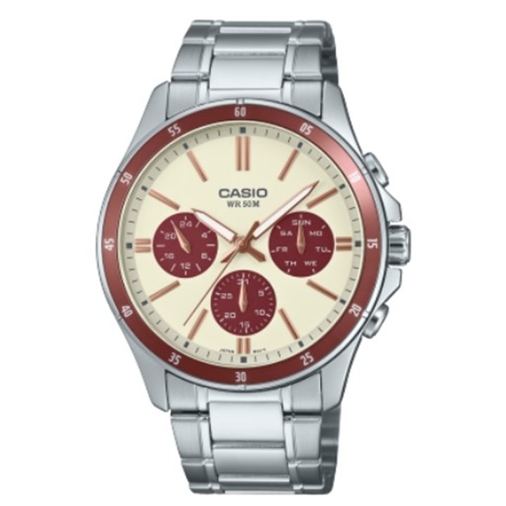 CASIO COLLECTION Mod. MULTIFUNCTION CALENDAR - CHAMPAGNE & BORDEAUX - WW.MTP-1374D-5A2VDF - Teknashop Ltd