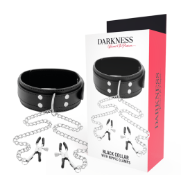 DARKNESS - COLLAR WITH NIPPLE CLAMPS BLACK - D-221156 - Teknashop Ltd