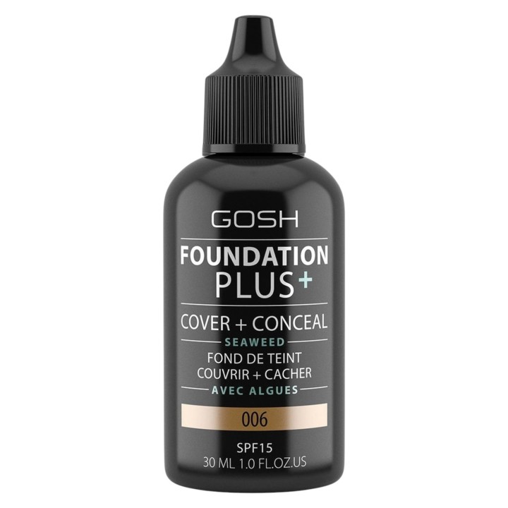 Gosh, Foundation Plus+, Cover & Conceal, Liquid Foundation, 006, Honey, SPF15, 30 ml - Teknashop Ltd