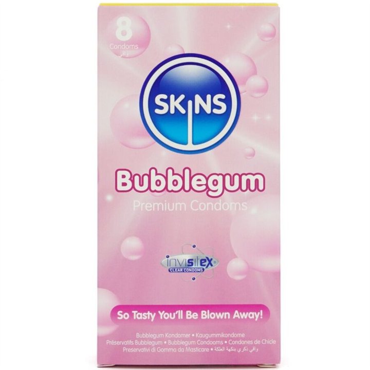 SKINS - BUBBLEGUM PREMIUM CONDOMS PACK 8 - D-244397 - Teknashop Ltd