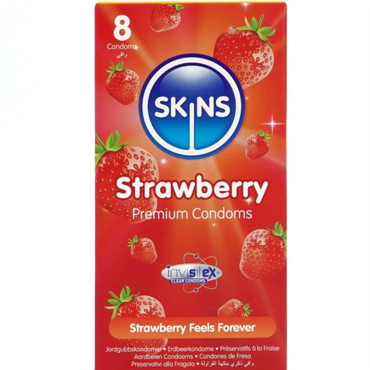 SKINS - STRAWBERRY PREMIUM CONDOMS PACK 8 - D-244410 - Teknashop Ltd