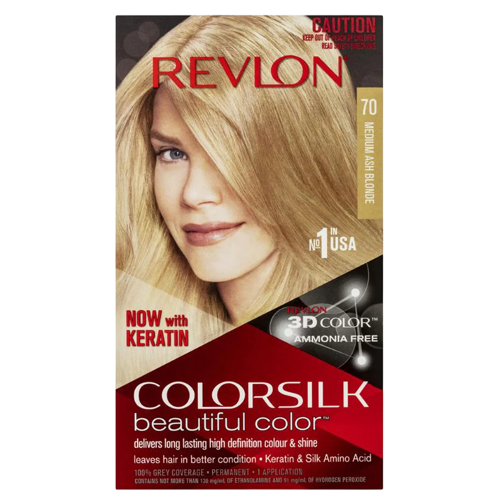 Revlon, Color Silk, Permanent Hair Dye, 70 Medium Ash Blonde, 130 ml