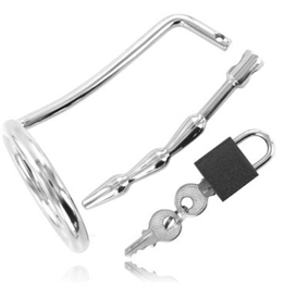 METAL HARD - TESTICLE RING WITH URETHRAL CHASTITY PLUG - D-205370 - Teknashop Ltd