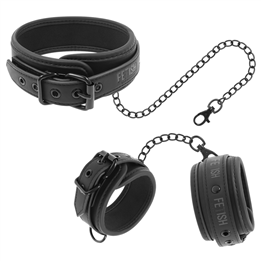 FETISH SUBMISSIVE - VEGAN LEATHER NECKLACE AND HANDCUFFS WITH NOPRENE LINING - D-218911