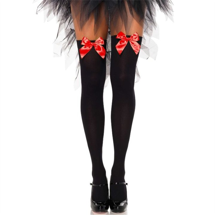 LEG AVENUE - BLACK NYLON THIGH HIGHS WITH RED BOW ONE SIZE - D-222031