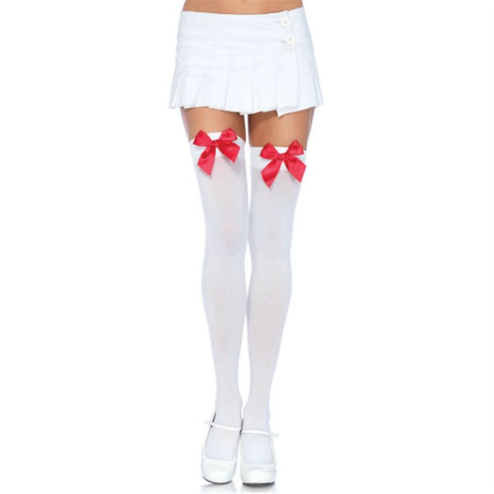 LEG AVENUE - NYLON THIGH HIGHS WITH BOW WHITE / RED - D-210560 - Teknashop Ltd