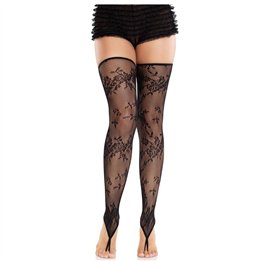 LEG AVENUE - FLORAL LACE FOOTLESS STOCKINGS BLACK - D-243073 - Teknashop Ltd