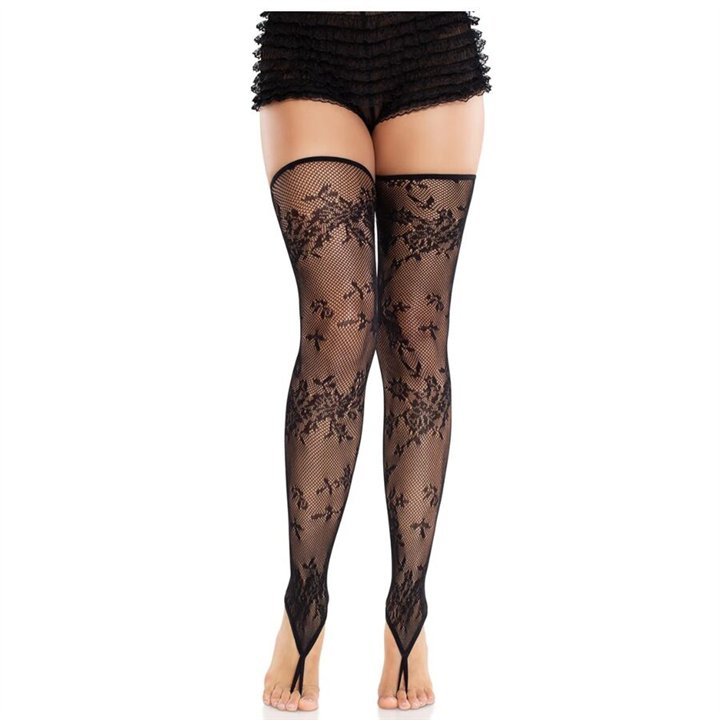 LEG AVENUE - FLORAL LACE FOOTLESS STOCKINGS BLACK - D-243073 - Teknashop Ltd