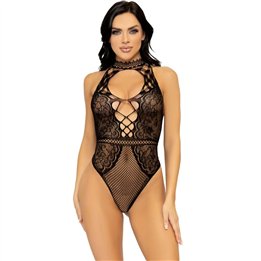 LEG AVENUE - NET AND LACE KEYHOLE HALTER BODYSUIT ONE SIZE - D-244668 - Teknashop Ltd