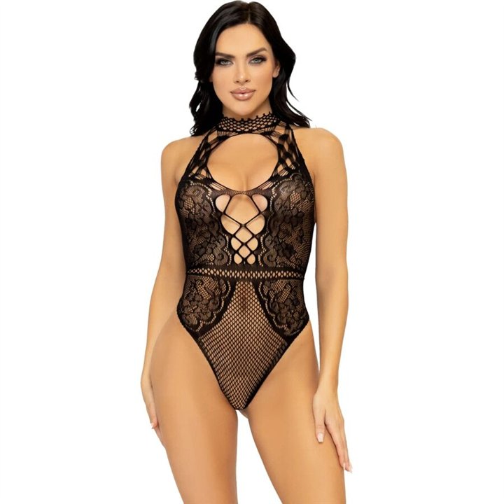 LEG AVENUE - NET AND LACE KEYHOLE HALTER BODYSUIT ONE SIZE - D-244668 - Teknashop Ltd