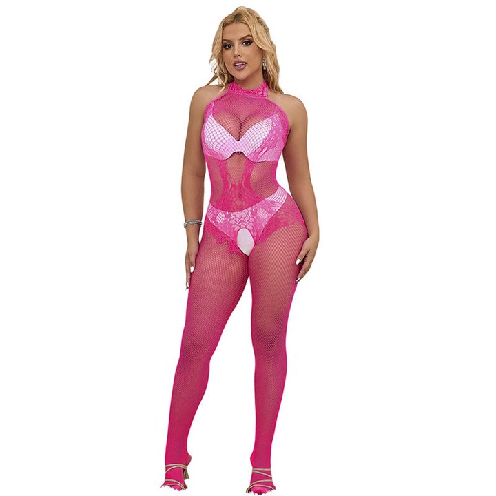 SUBBLIME - 952389 FISHNET AND LACE CROTCHLESS BODYSTOCKING WITH HIGH NECK PINK ONE SIZE - D-241387 - Teknashop Ltd